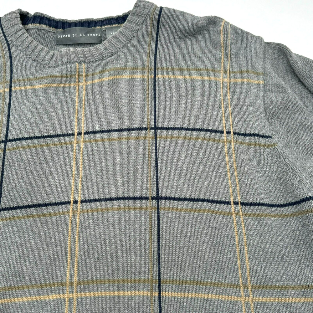 OSCAR DE LA RENTA Men's XXL 100% Cotton Gray Yellow Plaid Pullover Sweater Shirt